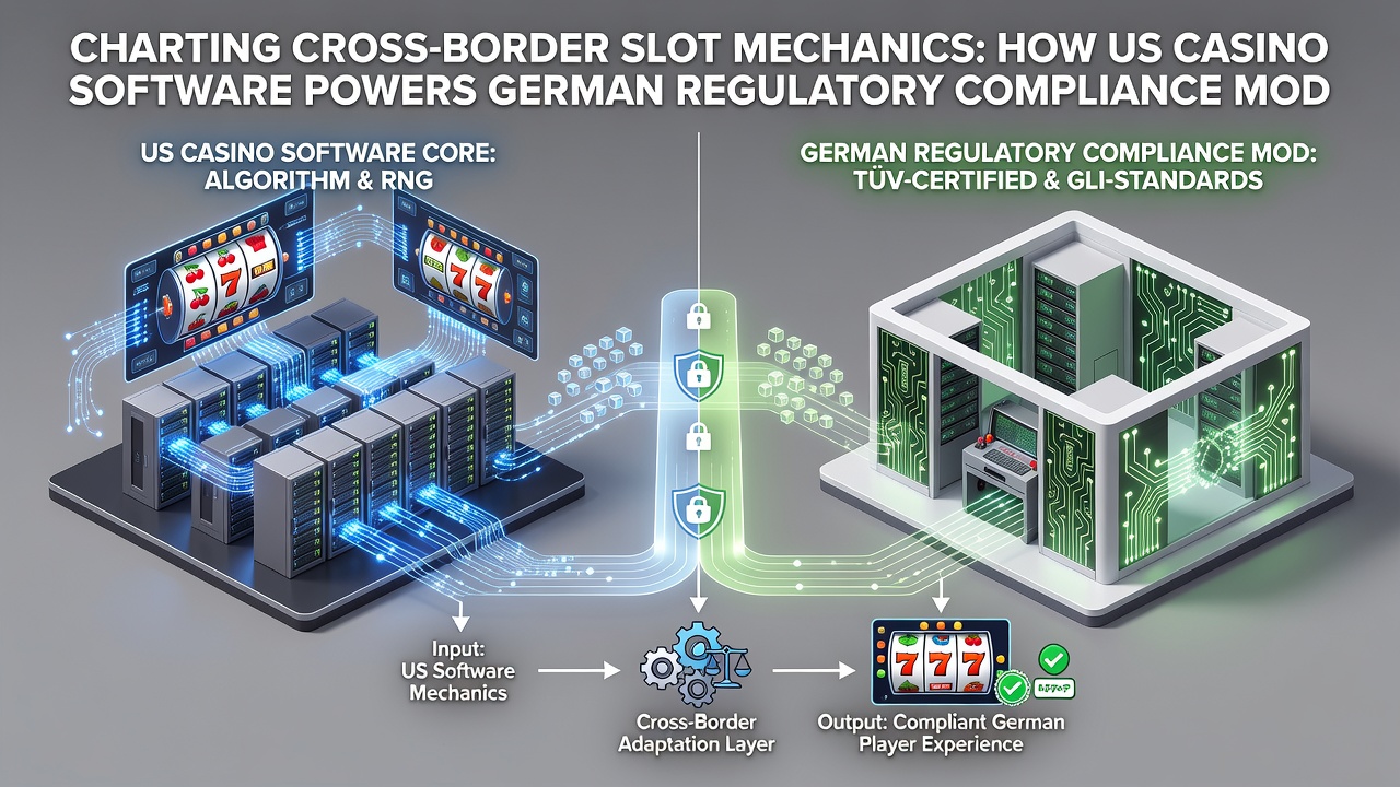 Technical diagram showing data exchange between US slot servers and German regulatory oversight systems