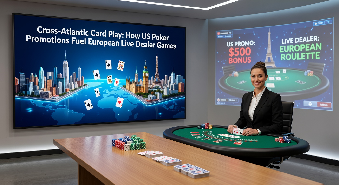 Modern European live dealer studio with dealers shuffling cards under bright lights, overlooking a digital Atlantic divide