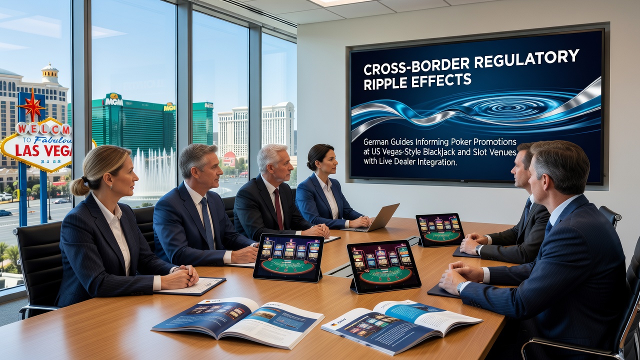 Cross-border regulatory documents and casino floor views showing German guidelines influencing US poker promotions at live dealer blackjack and slot venues