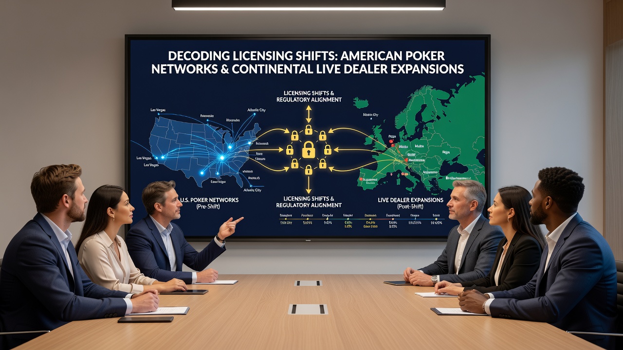 Map overlay showing licensing corridors from US poker states to key European live dealer jurisdictions