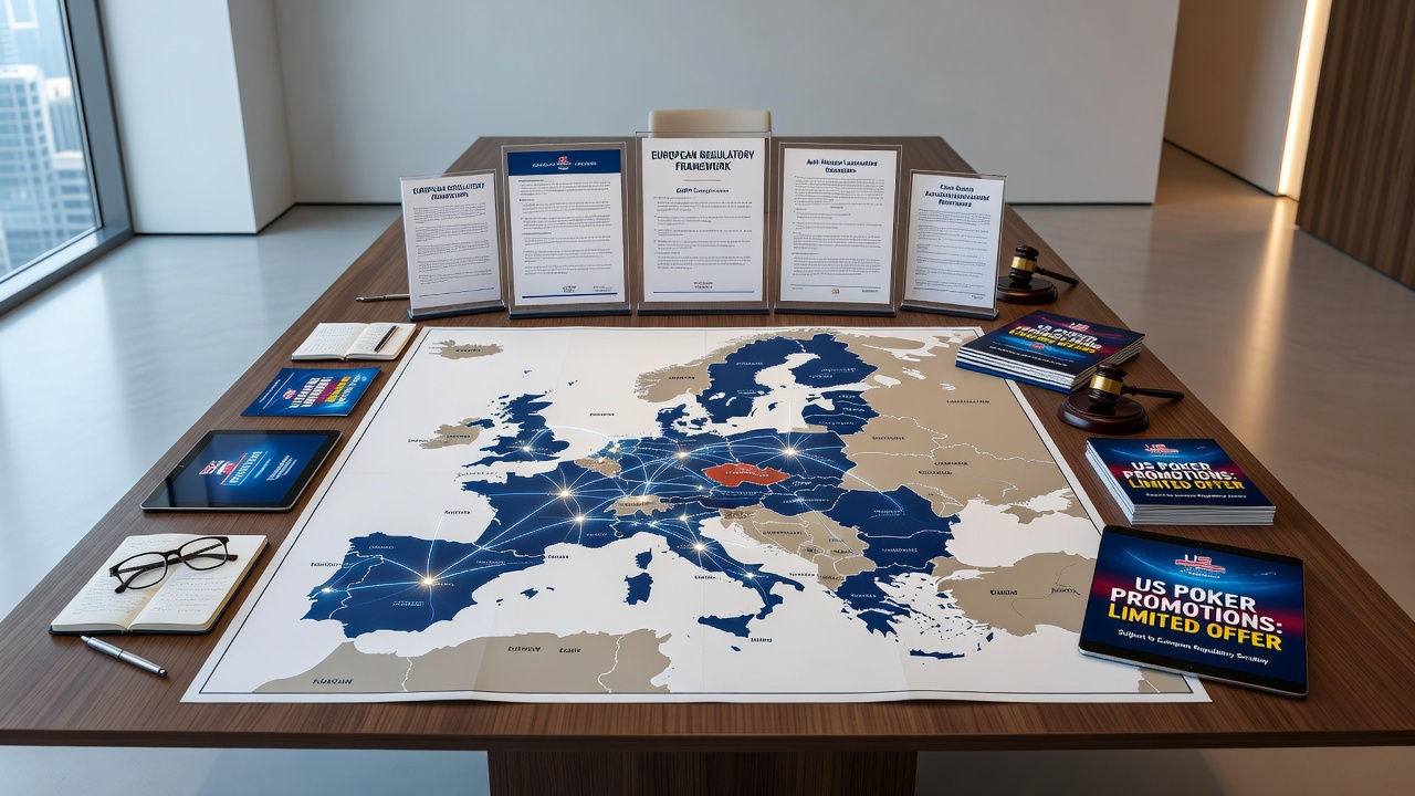 European regulatory documents and US poker promotion materials side by side on a desk