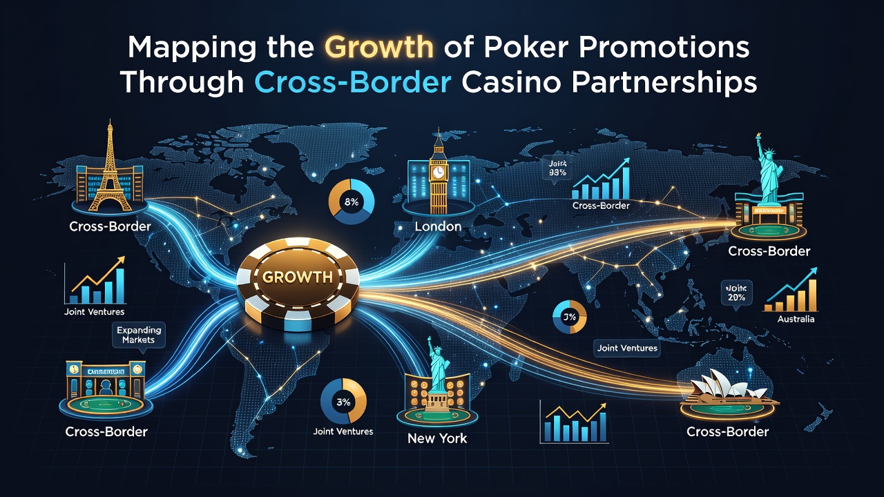 Illustration of interconnected casino networks across international borders showing poker promotion pathways