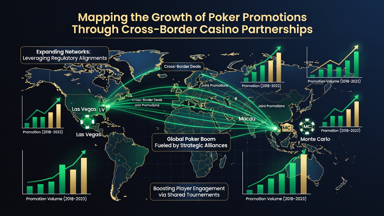Network diagram highlighting poker bonus flows between partnered casinos in different countries
