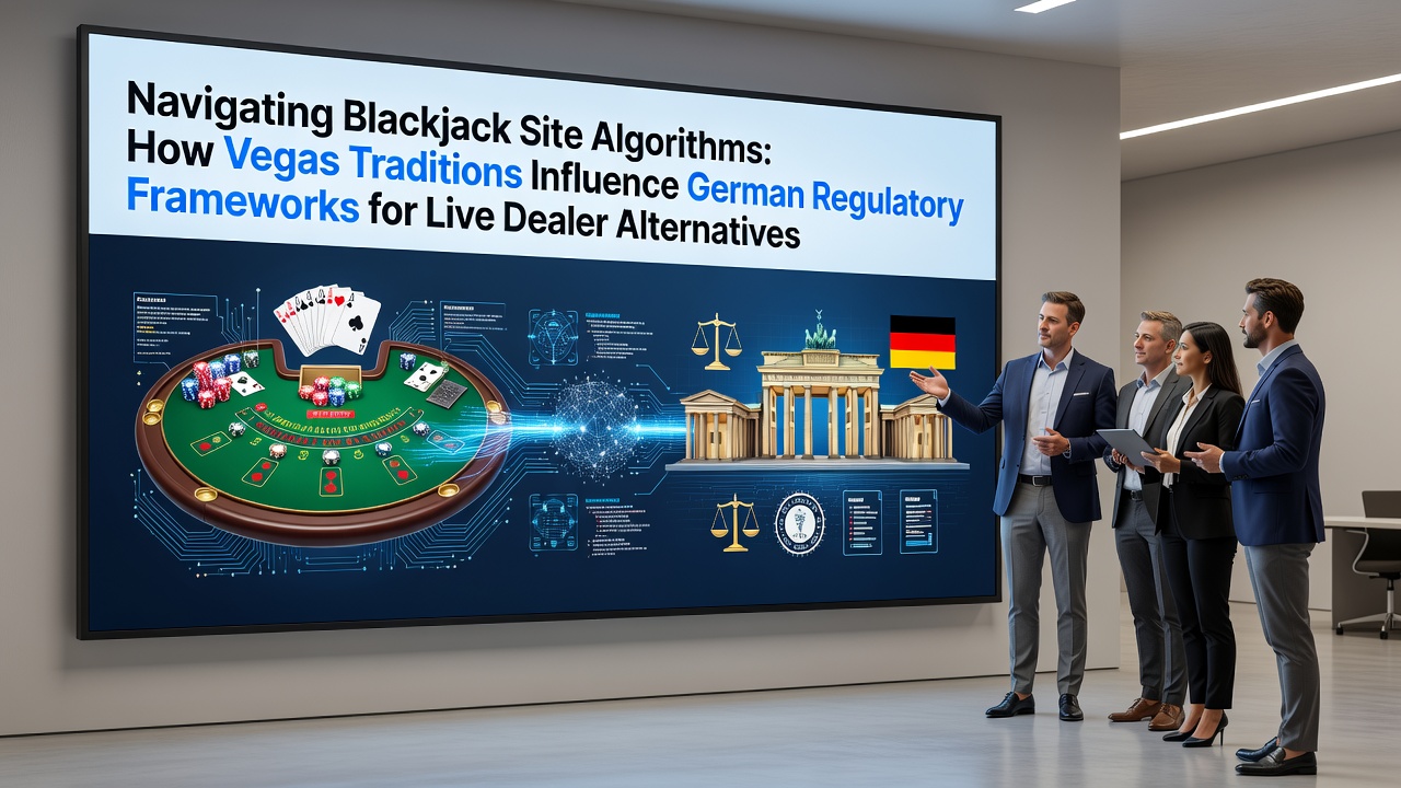 Vegas-style blackjack table with card shuffling mechanisms and digital overlays representing algorithms