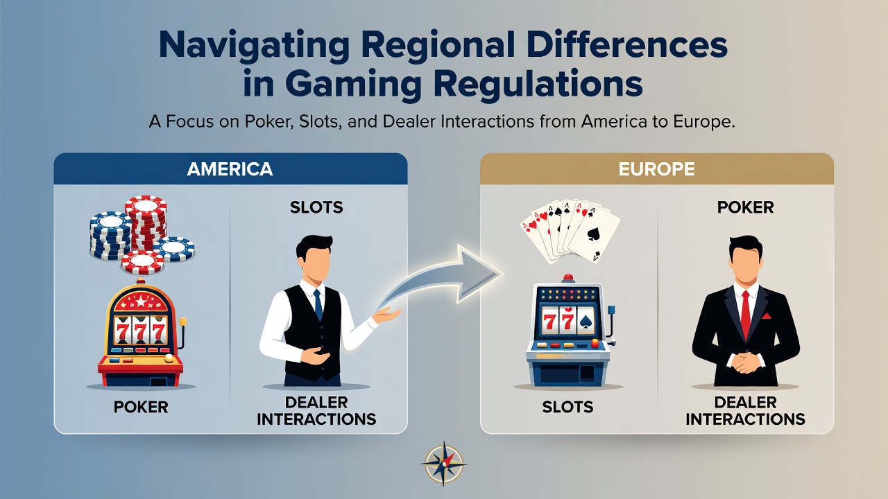 Overview of regulatory contrasts in poker, slots, and dealer interactions between American states and European countries