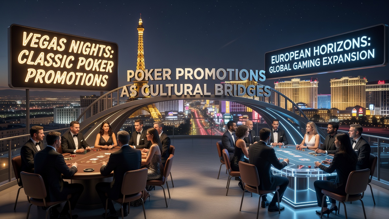 US poker tables with traditional chips next to European live dealer setups showing shared promotional elements