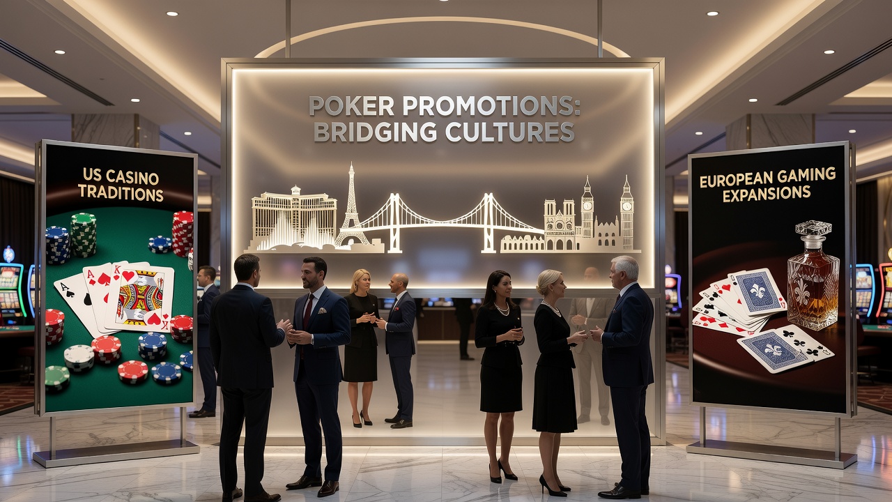 European players at a live poker table during a promotional tournament with mixed American and continental influences