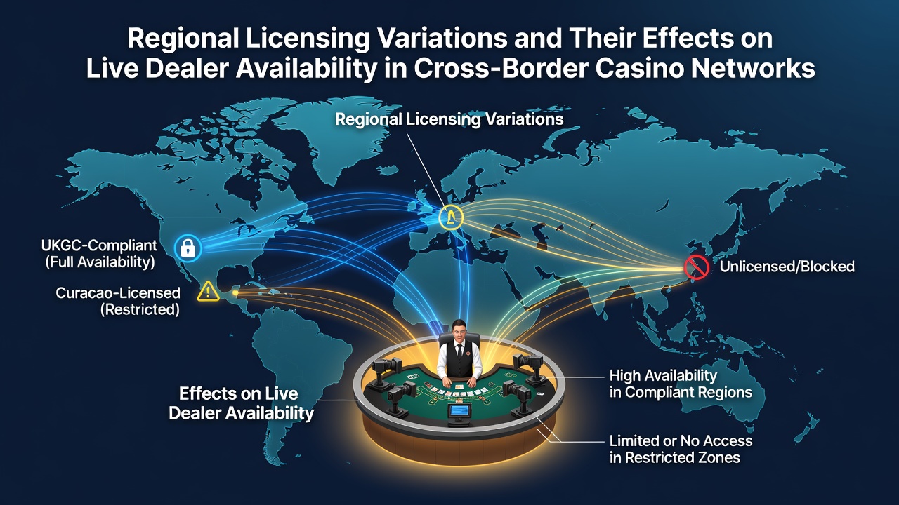 Map showing different regional licensing zones affecting live dealer casino operations across borders