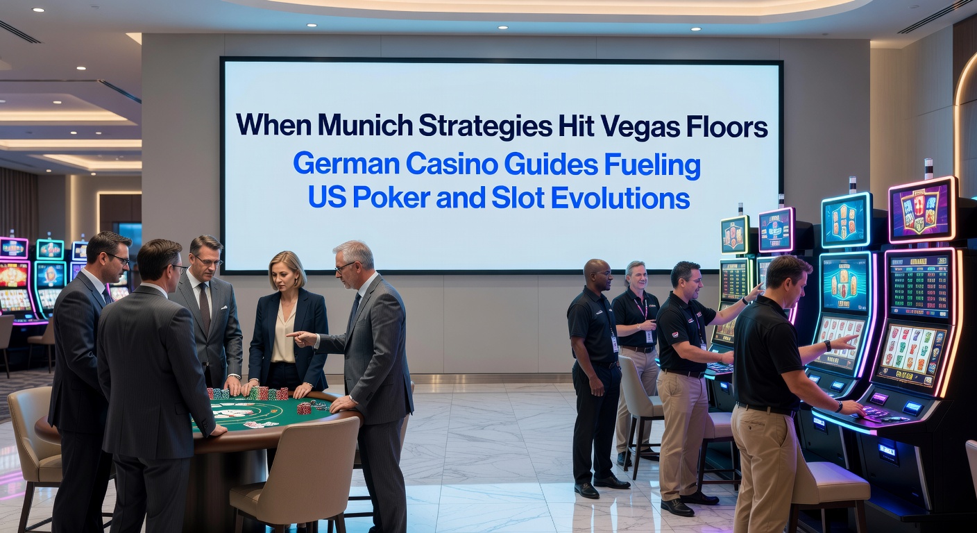 Vibrant Vegas casino floor packed with poker players and glowing slot machines under neon lights, evoking the fusion of European strategy and American high-stakes energy