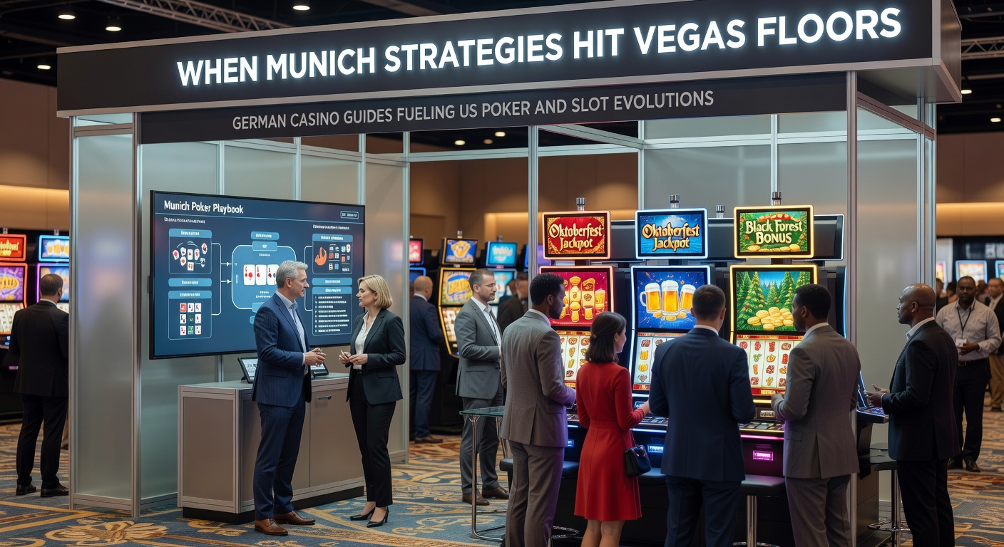 Close-up of poker chips, strategy charts, and slot reels blending German precision guides with Vegas glamour